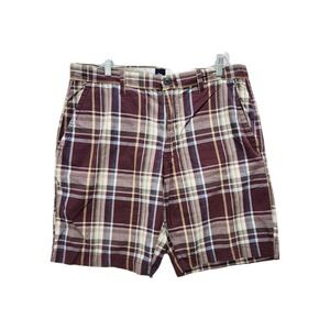 Gap Men's 36‎ Plaid Flat Front Shorts Burgundy Blue Cotton Casual Summer